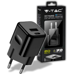 V-TAC  VT-1026  CARICAB. USB DA  MURO  FAST CHARGE COL. NERO 