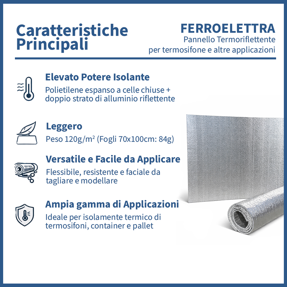 Pannello termoriflettente per termosifoni e radiatori - Pannello isolante termico per interni - Film alluminizzato su entrambi i lati - 100x70cm - spessore 4mm