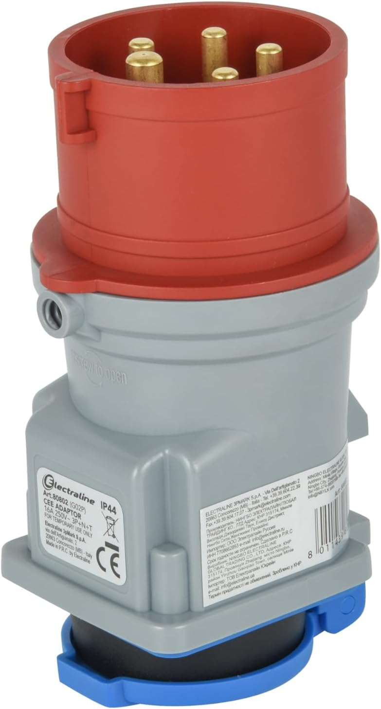  Adattatore industriale CEE IP44 da presa Schuko 16A a Spina CEE 3 Poli (3P+N+T) con tappo