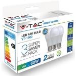 V-TAC VT-1900 CONF. 3 LAMP. LED E27 9W BULB A60 BIA.CAL.