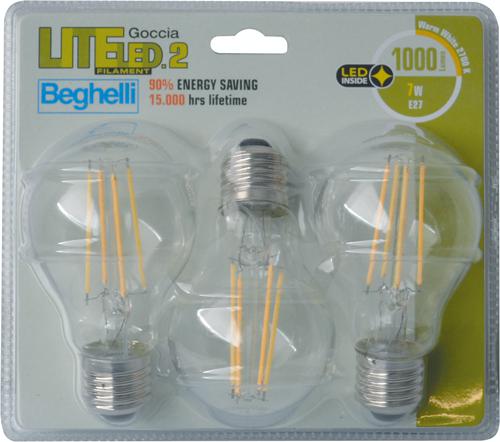 LAMPADA LED FILAMENTO BEGHELLI CF.3PZ GOCCIA E27 7W L.CALDA