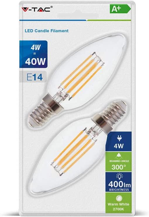 V-TAC VT-2174 BLISTER 2 LAMP. LED E14 4WCAND. FILAMENT 100LUM/WATT