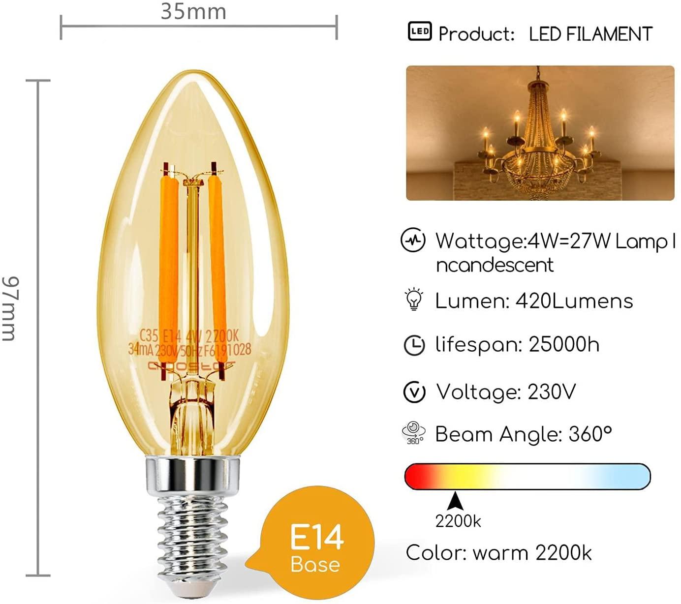 LAMPADINA A LED C35 E14 4W 2200K 400 LUM