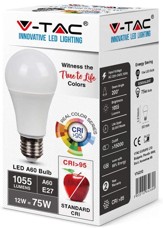 V-TAC VT-2212 LAMPADINA LED E27 12W BULB A60 CRI =95 4000 K