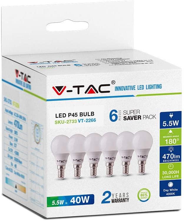 V-TAC, VT-2266, Lampadina LED E14 5,5W P45 6400K (Box 6 pezzi)