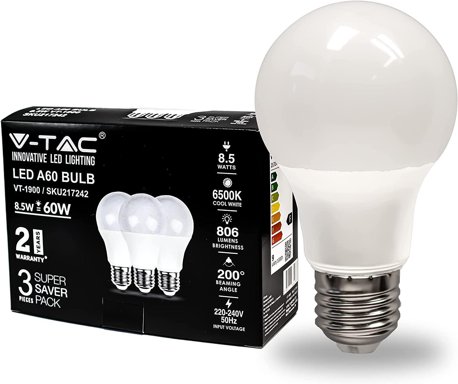 V-TAC Lampadina LED E27 8,5W A60 4000K (Box 3 pezzi)