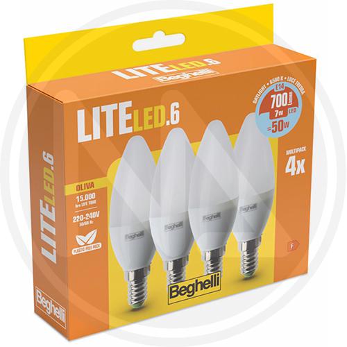 LAMPADA A LED OLIVA "LITELED" CF. 4 PZ. BEGHELLI E14-7Wat Calda 3000° 700 Lumen