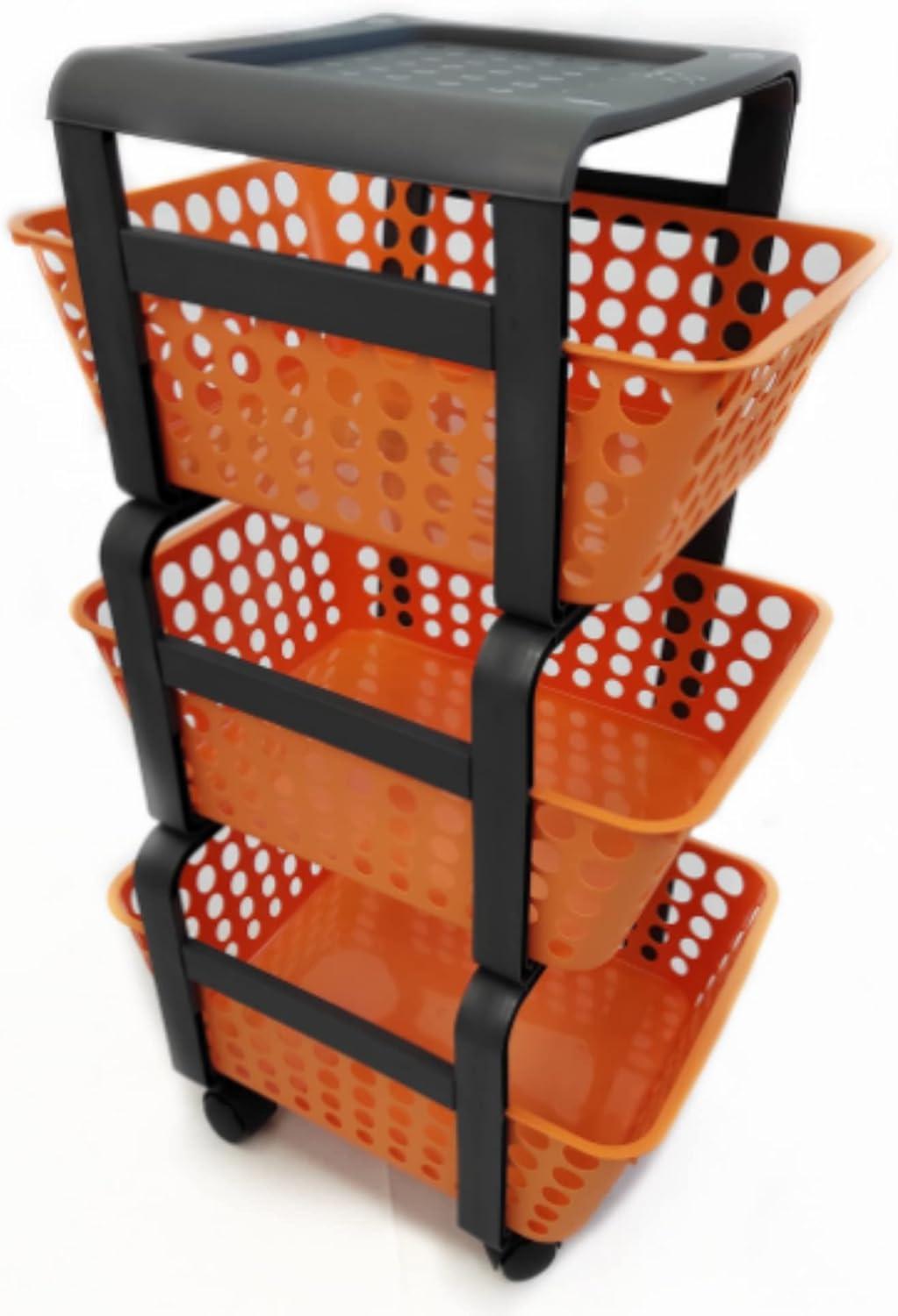 CARRELLO 'MODULA' 3 CESTE CON RUOTE MANDARINO