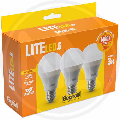 LAMPADA A LED GOCCIA "LITELED" CF. 3 PZ. BEGHELLI E27 13W 6500K 58045