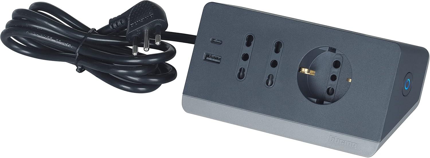 BTICINO Ciabatta Multipresa Elettrica 5 Posti, 2 Prese USB 3A, 1 Polivalente GRGIA