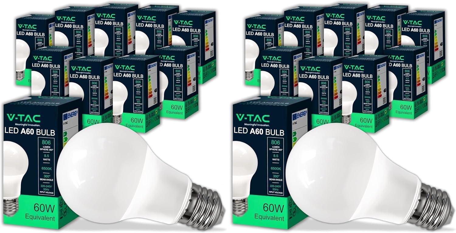 V-TAC Lampadina LED con Attacco E27 8,5W 6500K A60-806 Lumen PZ.20