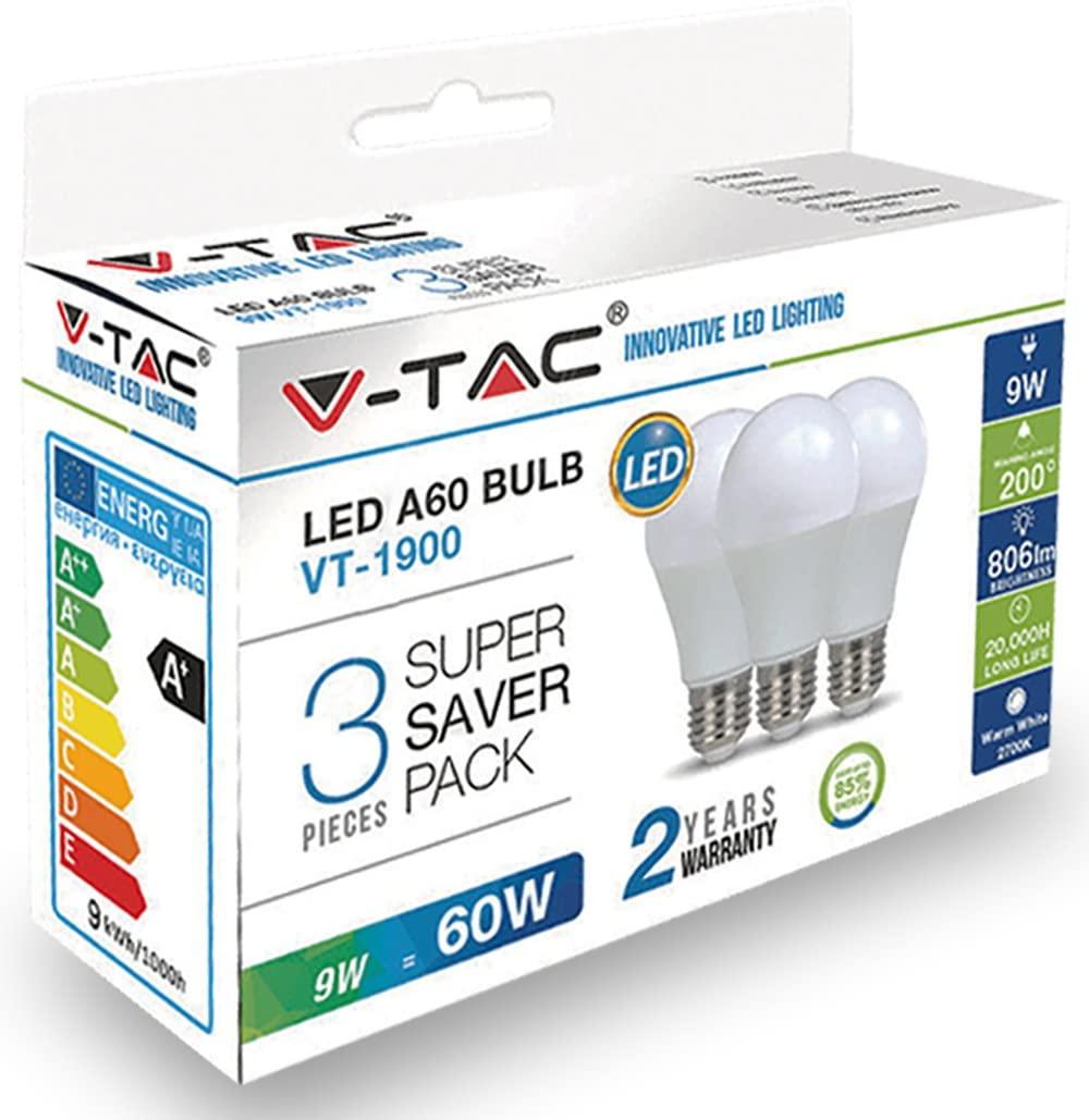 V-TAC VT-1900 CONF. 3 LAMP. LED E27 9W BULB A60 BIA.FRE.